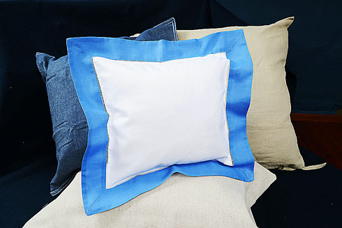 Hemstitch Square Baby Sham 12x12". White with French Blue color